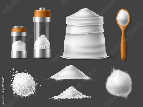 Realistic salt. White sea salt, natural cooking ingredient, crystals and powder, piles side and top view, shaker and wooden spoon, spices product, 3d isolated elements, utter vector set
