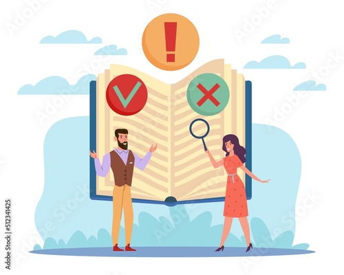 Research and analysis fake news. Search for evidence read text, false and true informstion, people find mistake, man and wonam with huge book, gossip in internet. Vector cartoon flat concept