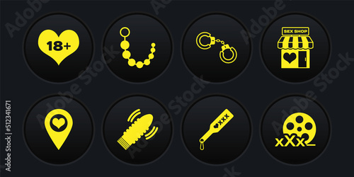 Set Location with heart, Sex shop building, Dildo vibrator for sex games, Spanking paddle, Sexy fluffy handcuffs, Anal beads, Film reel and 18 plus content icon. Vector