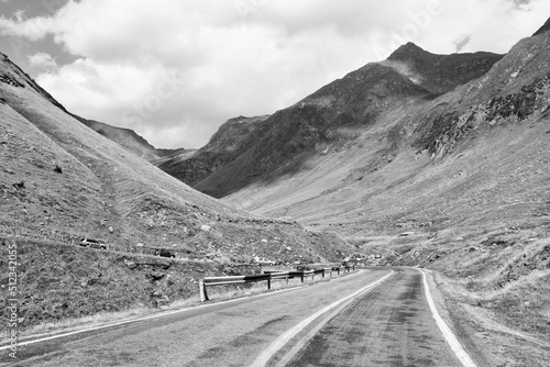 Mountain road in Romania - Transfagarasan Route. Black and white photo vintage style. photo