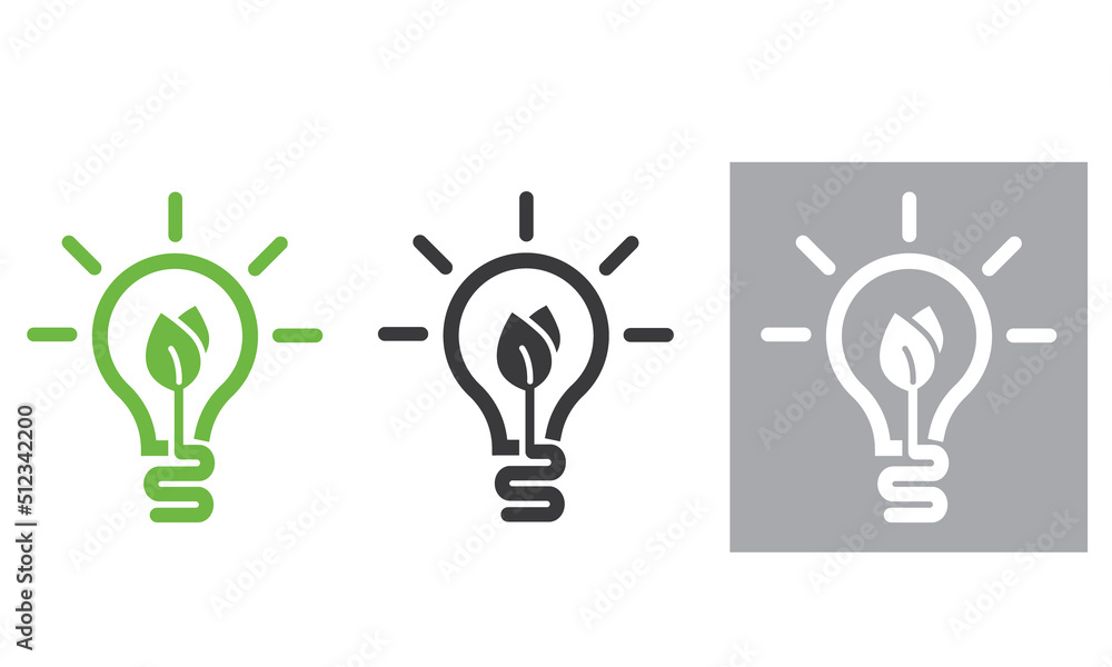 Green electric light bulb with green leaf in three versions, icon, sticker. Green electric light bulb with green leaf in three versions, icon, sticker.