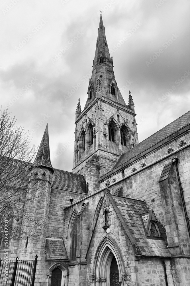 Salford Cathedral in Manchester UK. Black and white photo vintage style.