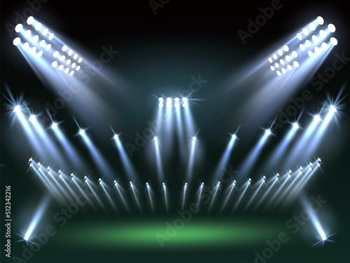 Stadium lights background. Directional sources, football field searchlights, cold rays, sport arena lighting design, different projectors, Illuminated scene, utter vector realistic concept