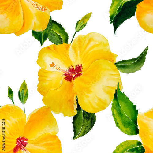 Yellow watercolor hibiscus flowers seamless pattern. Summer bright floral endless background. Hawaiian style for fabric and wallpaper. Tropical print.