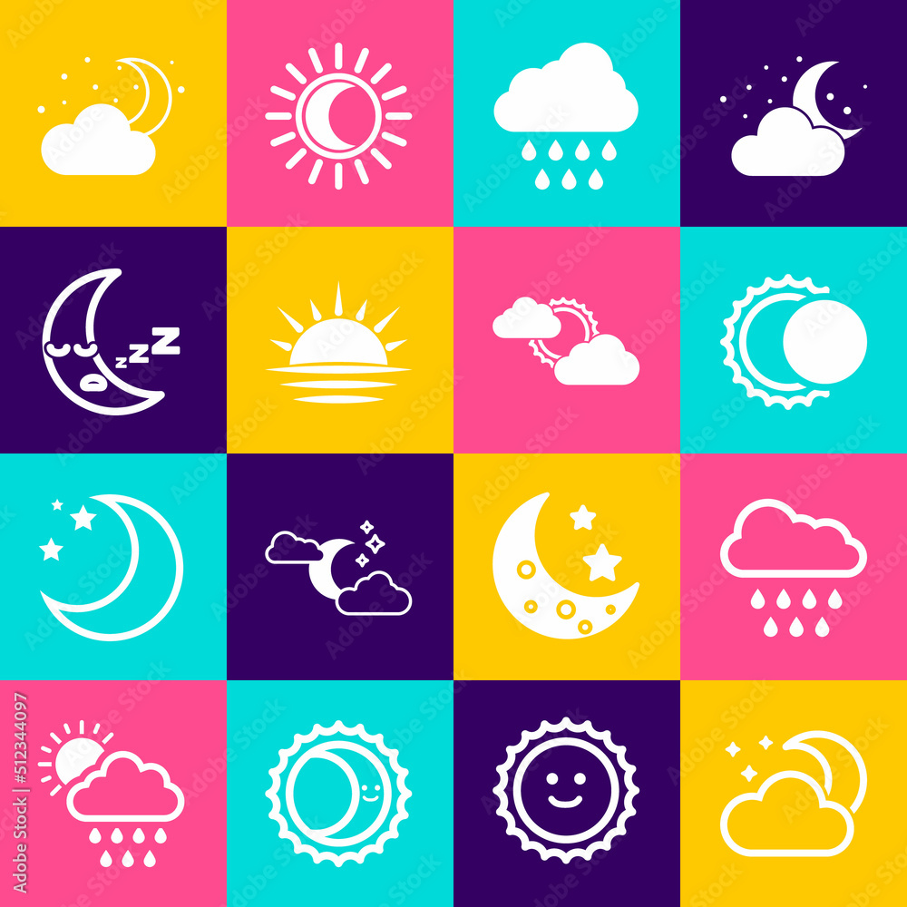 Set Cloud with moon and stars, rain, Eclipse of the sun, Sunset, Moon icon, and cloud weather icon. Vector