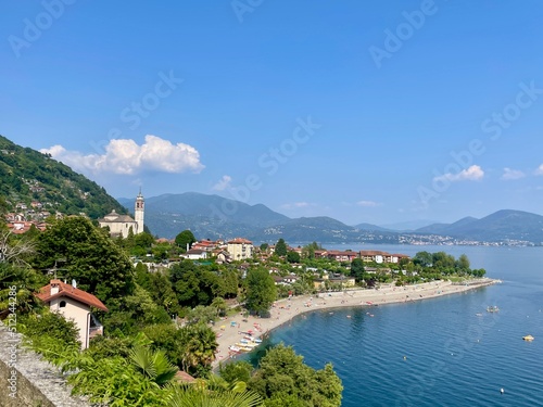 Panoramic view of idyllic lakeside town Cannero Riviera. Lago Magiore, Upper Italian lakes, Piedmont, Italy.