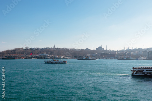 Istanbul background photo. Cityscape of Istanbul and ferries on the Bopshorus.