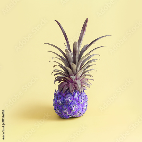abstract photo of purple pineapple over yellow background. Holidays, beach and tropical theme