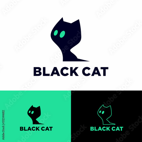 Black Cat logo, cat care and cat breeding. Veterinary service and goods for pets. Silhouette of black cat with green eyes. Identity.