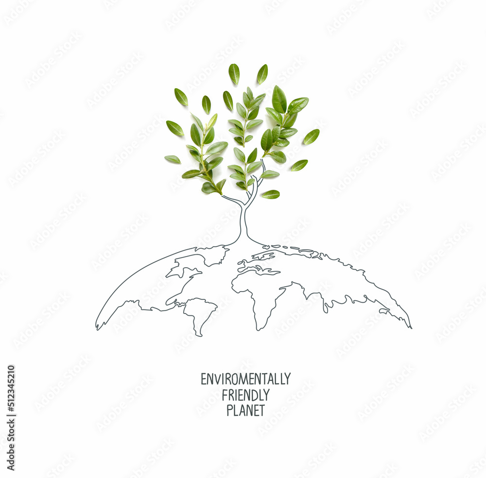 Obraz premium Environmentally friendly planet. Symbolic tree made from green leaves and branches with sketches map of the world. Minimal nature concept. Think Green. Ecology Concept. Top view. Flat lay.