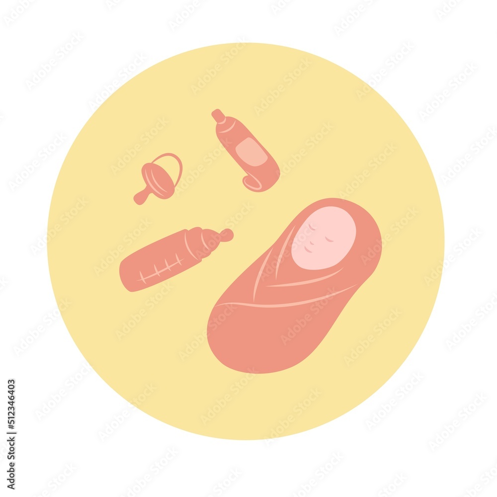 Fototapeta premium Wrapped baby, nipple, feeding bottle, baby cream. Vector cartoon illustration. 