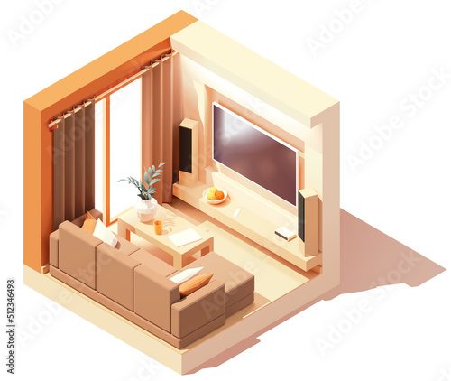 Vector isometric modern living room interior. Couch with pillows, tv, tv cabinet with big speakers. Low poly cross-section illustration. Cutaway drawing