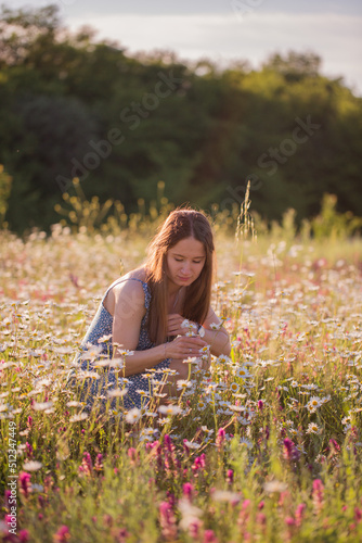 Young beautiful woman in blue dress in a daisy field.