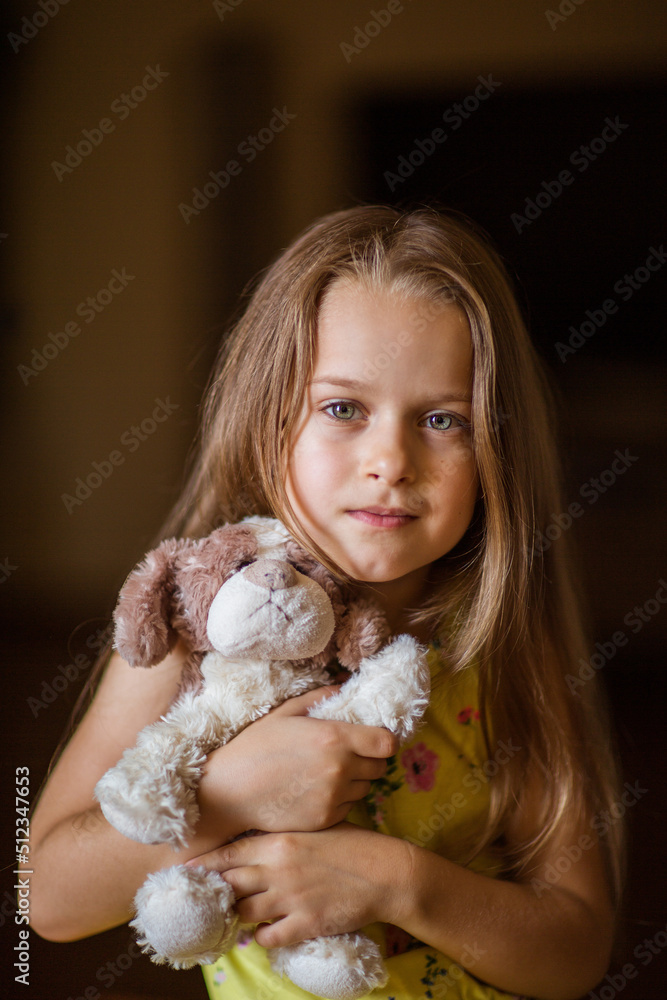 Portrait of a girl holding a plush dog toy. Portrait of a girl holding a plush dog toy.