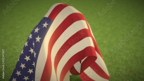 American flag falling on wooden cross in grass field, memorial day concept remembering fallen soldiers, vintage style 3D animation in 4K UHD