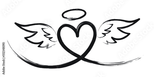 Hand drawn heart with wings on white background 