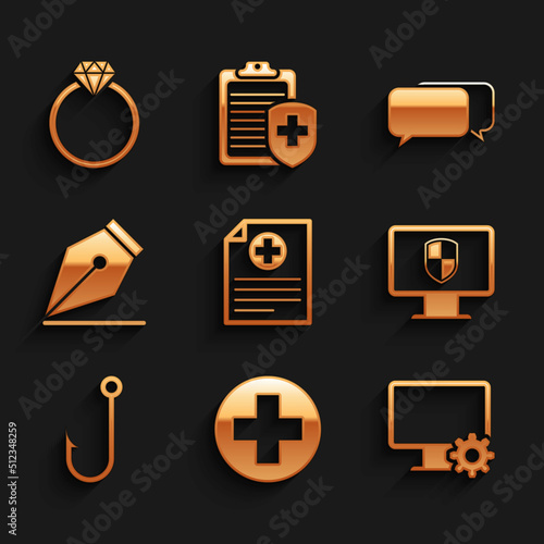 Set Clinical record, Medical cross circle, Computer monitor and gear, Monitor shield, Fishing hook and Fountain pen nib icon. Vector