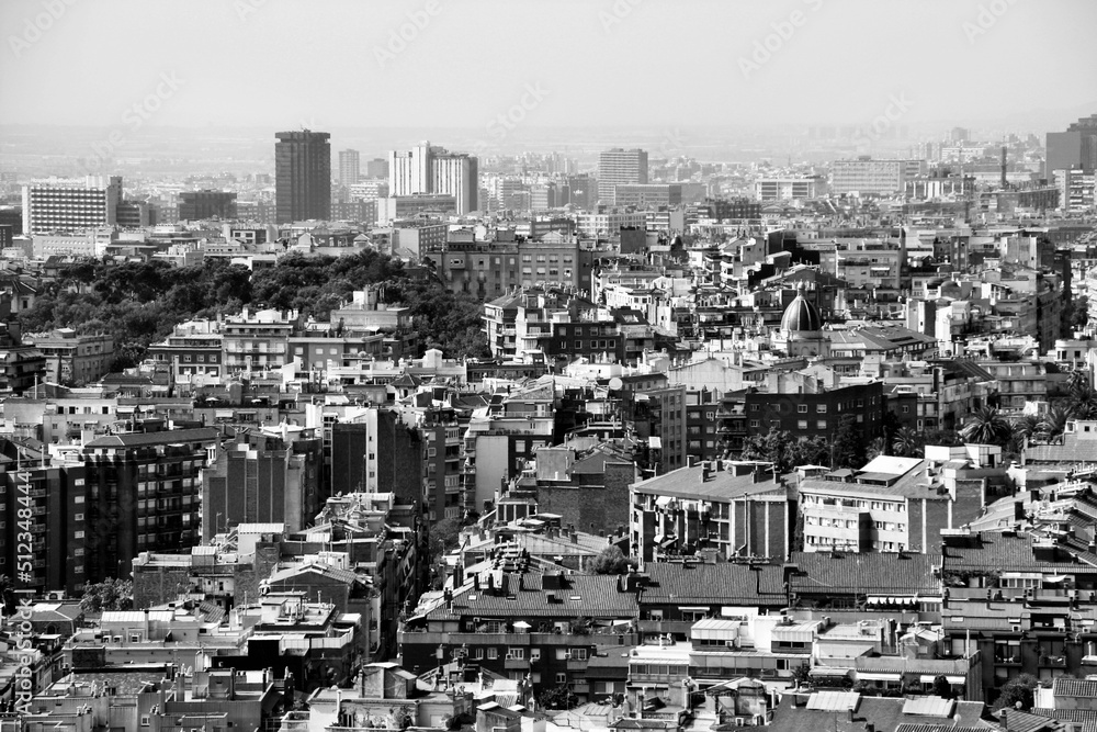 Barcelona cityscape. Black and white vintage photo style.