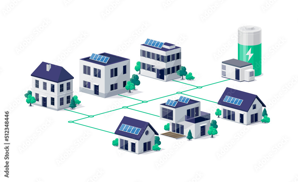 City virtual power plant battery energy storage with residential house photovoltaic solar panels on roof and rechargeable li-ion electricity backup. Renewable smart cloud management off-grid system. 