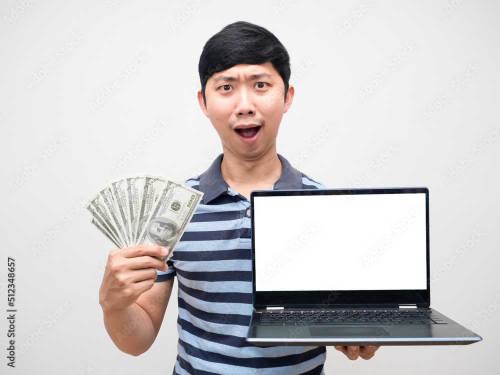 Man striped shirt earn money with job holding laptop white screen isolated Man striped shirt earn money with job holding laptop white screen isolated
