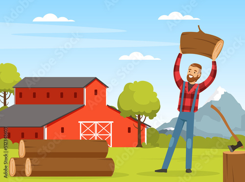 Bearded Man Lumberjack or Woodman in Red Checkered Shirt Holding Log Vector Illustration