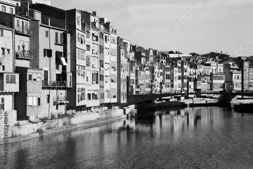 Girona Spanish town. Retro style photo black and white BW. Spain landmarks.