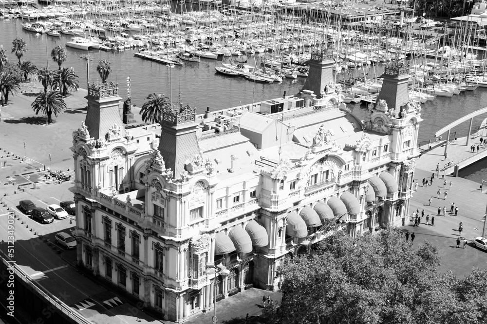 Barcelona - Port Authority building. Retro style photo black and white BW. Spain landmarks.