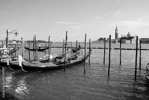 Venice, Italy - gondolas. Retro style photo black and white BW.