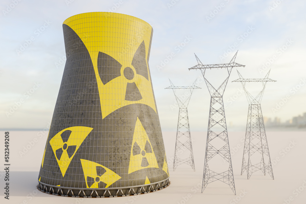Obraz premium Concept showing polluting electricity generation production. Polluting fossil thermal nuclear power plants cooling towers and elecricity poles.