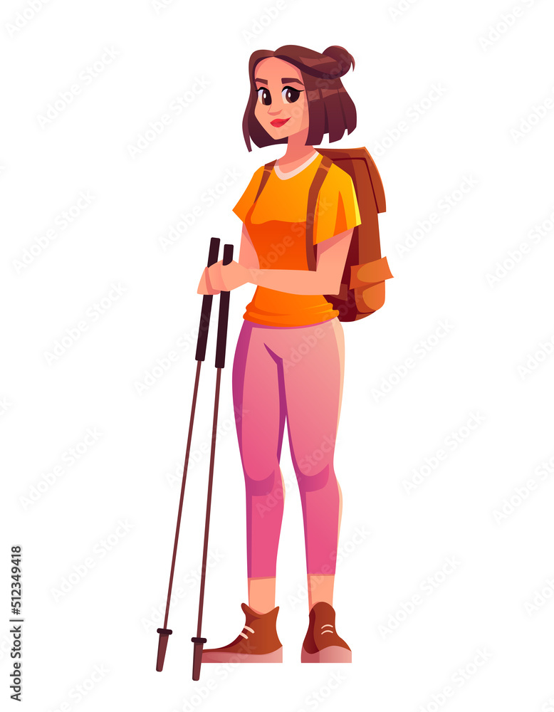 Tourist with backpack and trekking poles isolated on a white background. Young woman in tourist clothes is engaged in hiking, backpacking trip. Vector cartoon character illustration. Tourist with backpack and trekking poles isolated on a white background. Young woman in tourist clothes is engaged in hiking, backpacking trip. Vector cartoon character illustration.