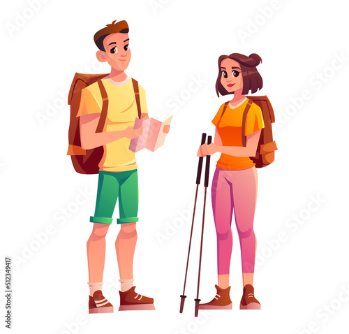 Tourists backpackers Man and Woman hiking adventure, summer  trip. Map and trekking equipment.  Vector illustration Cartoon Characters.