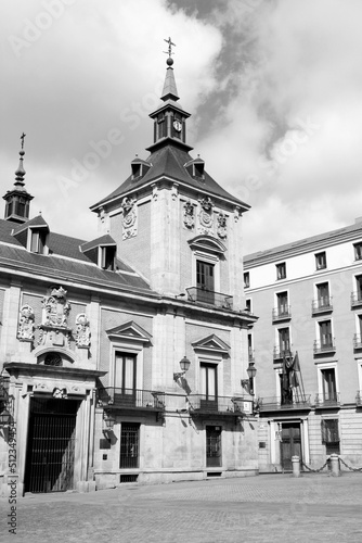 Madrid architecture. Retro style photo black and white BW. Spanish landmarks.