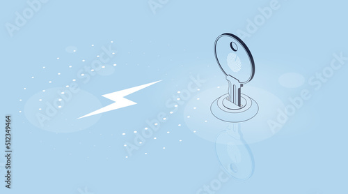 Isometric vector key fingerprint with reflection and lightning thunder symbol. Energy power concept illustration