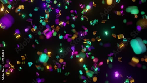 Colorful glittering mardi gras confetti falling against black background, loopable 3D animation in 4K UHD with shallow depth of field