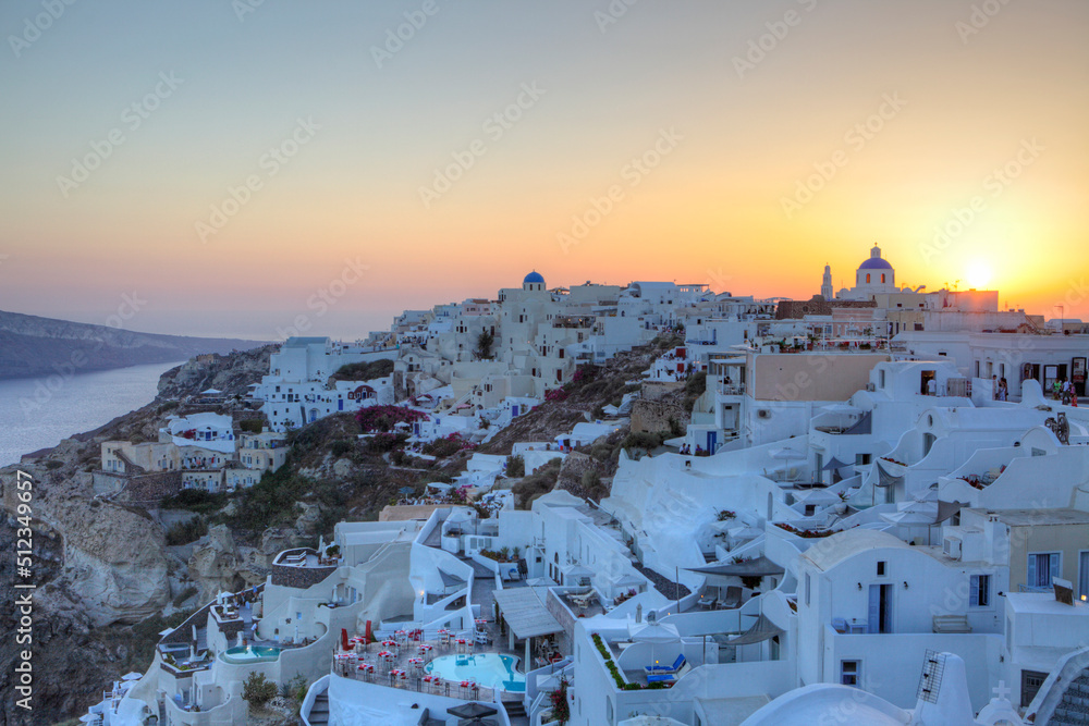 Sunset in Oia, the small town on the island of Santorini, Greece