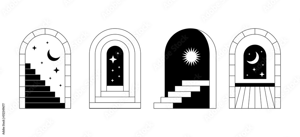 Minimal surreal doors stairs. Abstract boho line staircase, arch, trendy mystic geometric art for tattoo, print. Vector set Minimal surreal doors stairs. Abstract boho line staircase, arch, trendy mystic geometric art for tattoo, print. Vector set