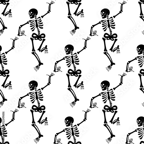 Seamless pattern with black skeletons, vigorously dancing and having fun on a white background. Pattern for Halloween and Day of the Dead