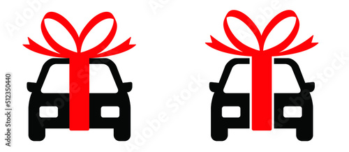 Cartoon new car with bow and knot icon or pictogram. Concept buying or renting a new or used auto. Vector car as a gift with ribbon. Cars delivery logo or symbol. Sale concept. Deal and ribbons