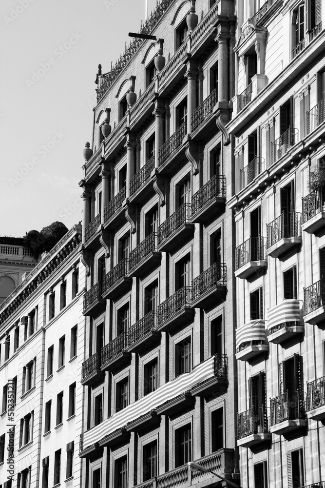 Fototapeta premium Barcelona street view. Black white photo retro style. Spain landmarks.