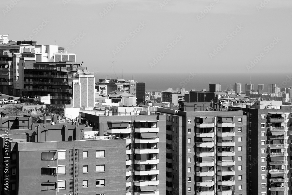 Barcelona city, Spain. Black white photo retro style.