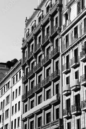 Barcelona street view. Black white photo retro style. Spain landmarks.