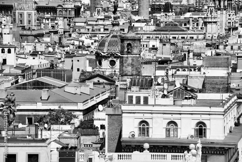 Barcelona city view. Black white photo vintage style.