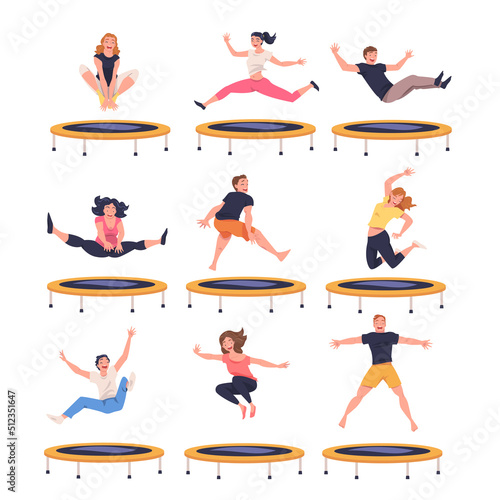 People Character Jumping and Bouncing on Trampoline Engaged in Recreational Activity Vector Set