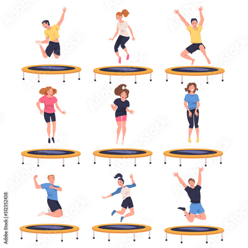 People Character Jumping and Bouncing on Trampoline Engaged in Recreational Activity Vector Set
