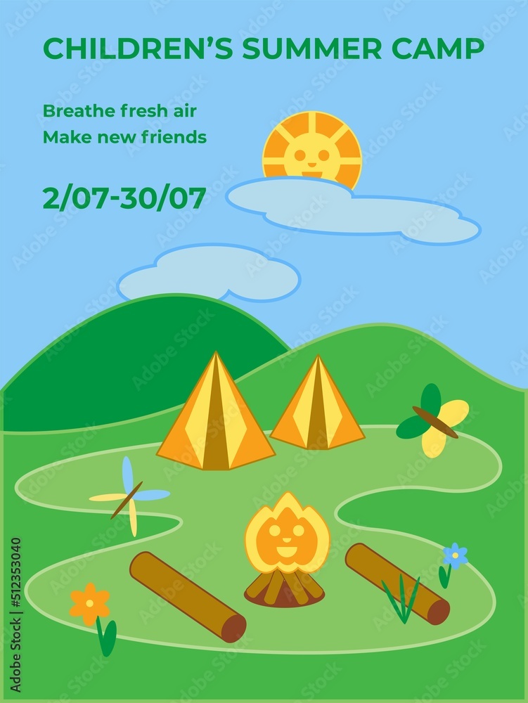 Children's summer camp. Poster for kids summer camp with mountains, sun, tents, bonfire, flowers, butterfly, dragonfly.