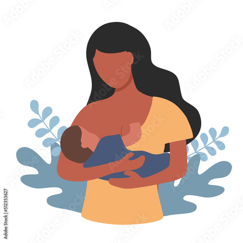 African mother breastfeeding baby in flat design on white background.