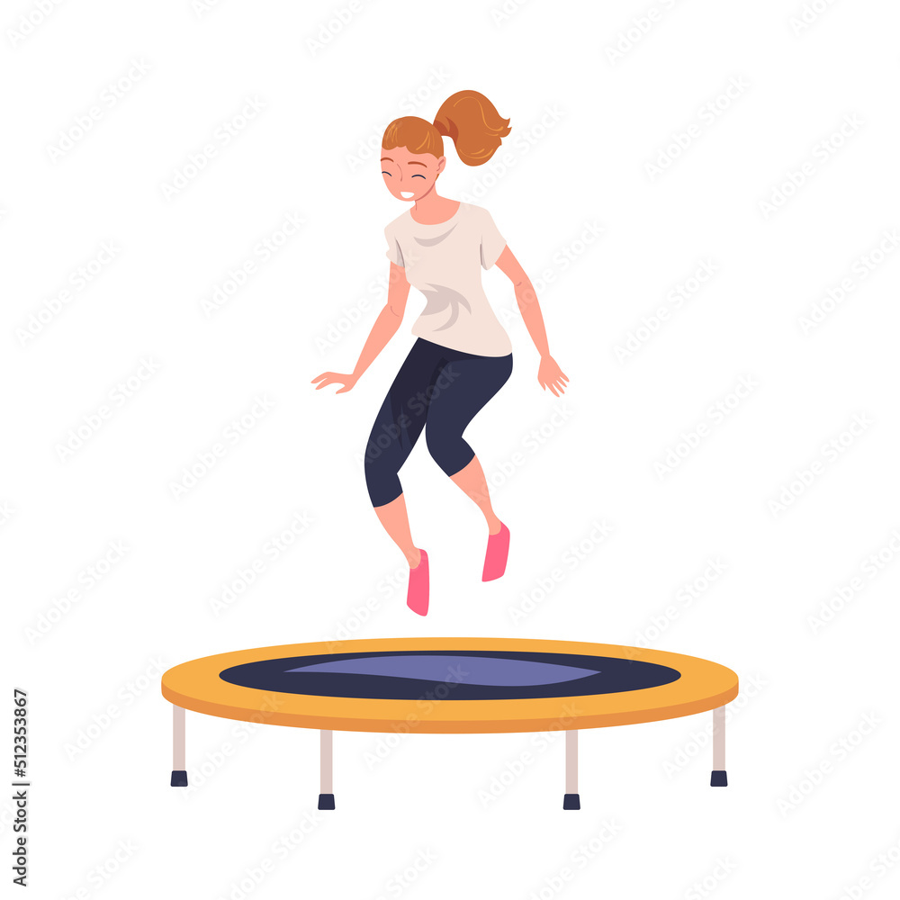 Obraz premium Excited Woman Character Jumping and Bouncing on Trampoline Engaged in Recreational Activity Vector Illustration