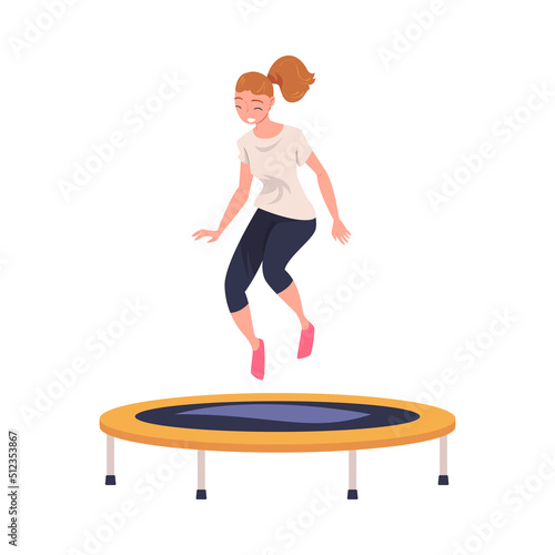 Excited Woman Character Jumping and Bouncing on Trampoline Engaged in Recreational Activity Vector Illustration