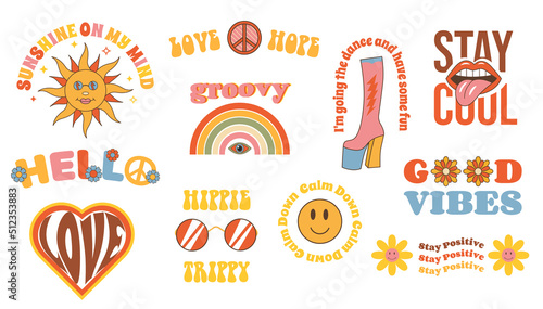 Colorful retro set of Hippie slogans, text and groovy 70s elements. Motivational, Inspirational vintage quote, lettering text design for posters, t-shirt, cards and stickers.