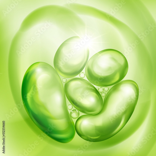 Illustration with beautiful realistic air bubbles with bright glare, floating in water or other liquid, in light green color